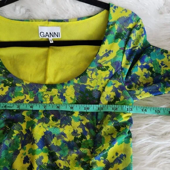 Ganni SS22 Sulphur Spring Ruched Printed Stretch Mesh Dress Green Sz 32 US  0 - greenwatershopping.com